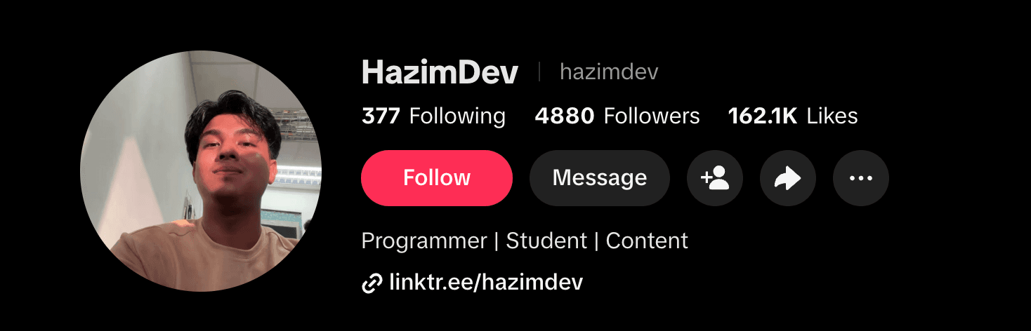 HazimDev TikTok profile — 4,880 followers, 162.1K likes